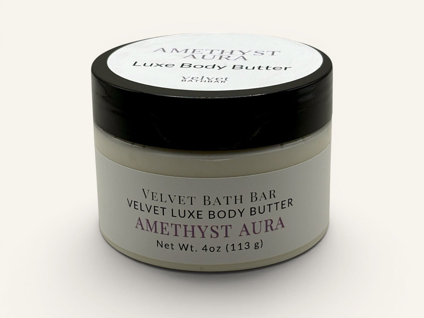 Velvet Bath Bar Amethyst Aura Luxe Body Butter, 4oz jar, for stress relief and relaxation.