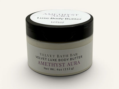 Velvet Bath Bar Amethyst Aura Luxe Body Butter, 4oz jar, for stress relief and relaxation.