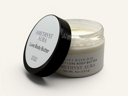 Velvet Bath Bar Amethyst Aura Luxe Body Butter in a clear jar with a black lid. Calming and spa-like.
