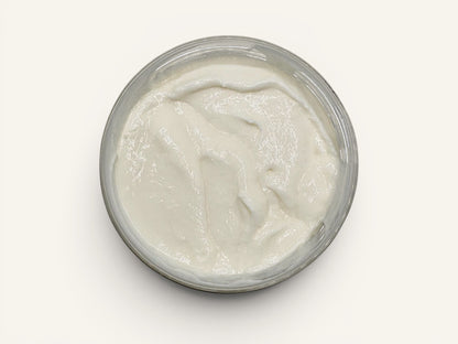 Velvet Bath Bar Peach Mango Velvet Luxe Body Butter in a clear jar, creamy white texture.
