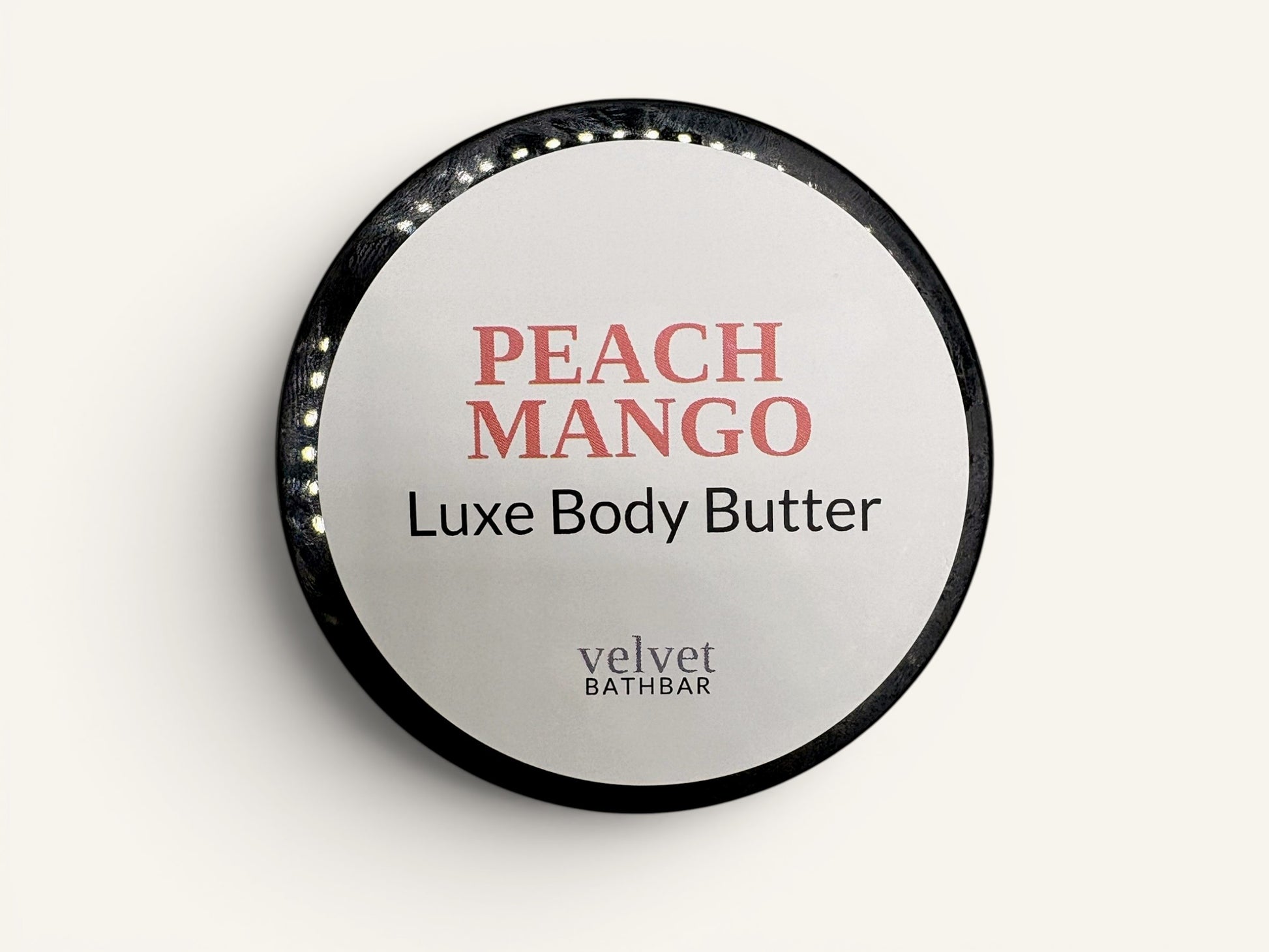 Velvet Bath Bar Peach Mango Luxe Body Butter jar with a bright, juicy, and uplifting scent.