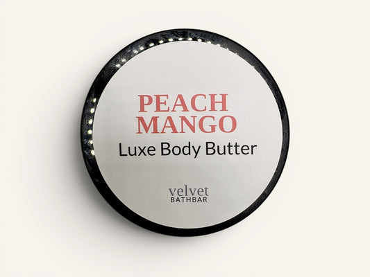 Velvet Bath Bar Peach Mango Luxe Body Butter jar with a bright, juicy, and uplifting scent.