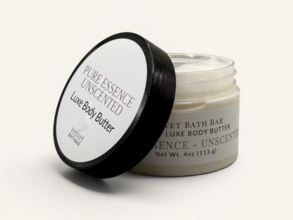 Velvet Bath Bar Pure Essence Luxe Body Butter in a clear jar with a black lid. Unscented formula for sensitive skin.