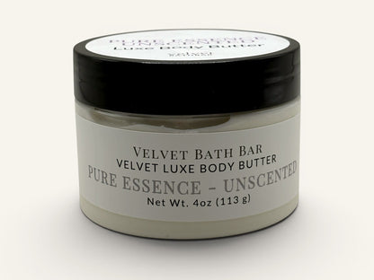 Velvet Bath Bar Pure Essence Unscented Velvet Luxe Body Butter in a clear jar with a black lid. Net Wt. 4oz.