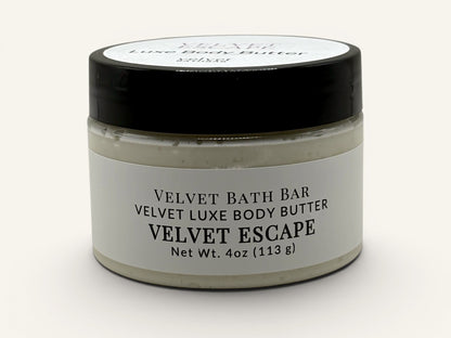 Velvet Bath Bar Velvet Escape Velvet Luxe Body Butter, a rich, creamy body butter in a jar. Net Wt. 4oz.